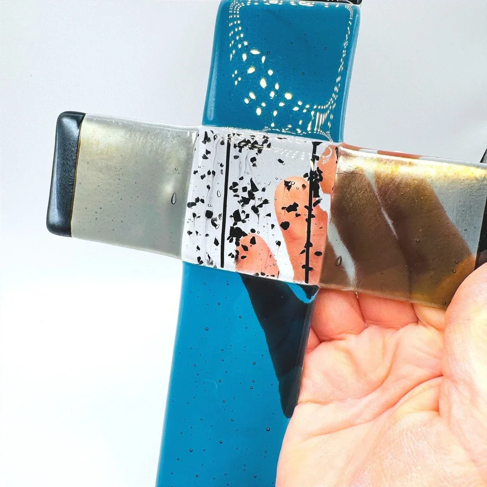 Handmade Fused Glass Wall Cross Faith Blue Art Glass Religious Decor